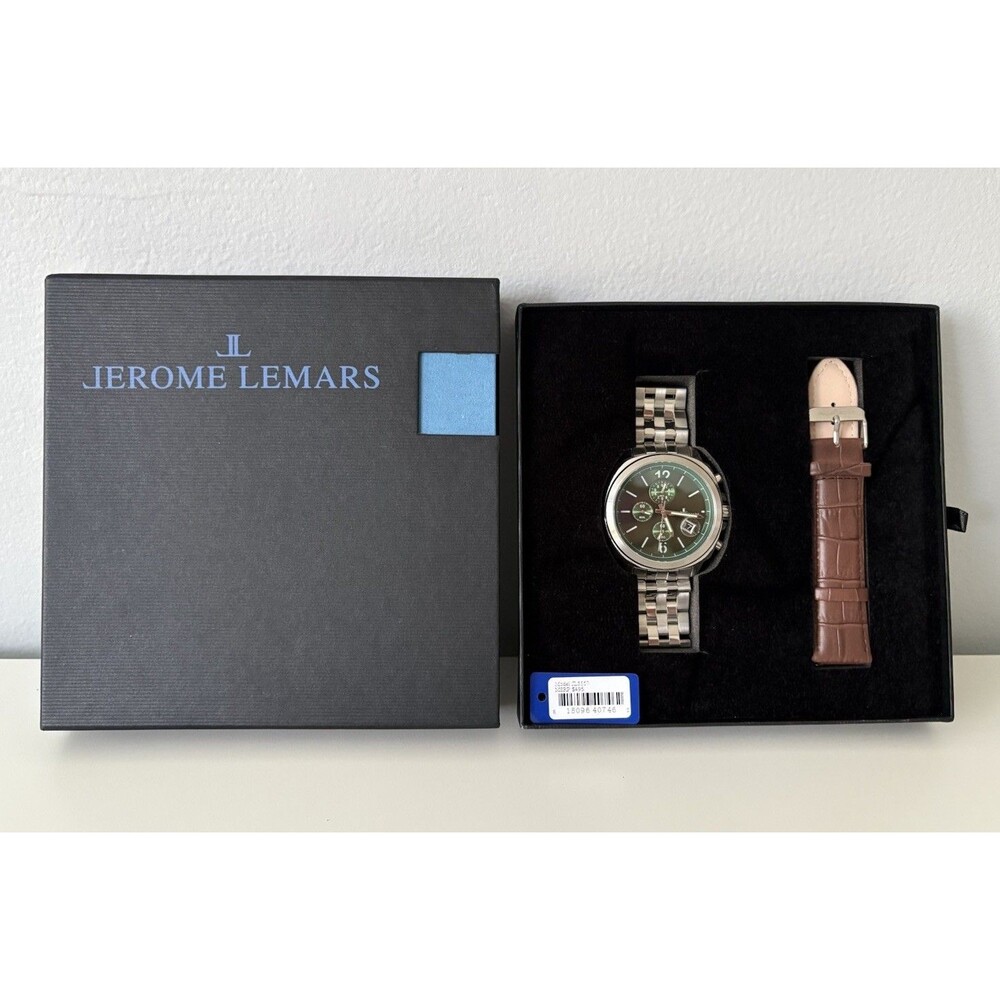Jerome Lemars Men’s Watch Green Dial Stainless Steel Watch + 2 Bands NEW
